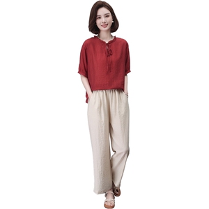 夏季新款宽松显瘦棉麻套装女短袖上衣阔腿裤两件套休闲时尚女装图片