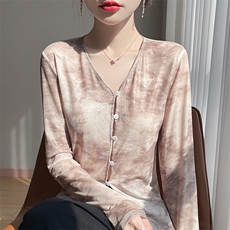 2025夏季网纱印花防晒开衫女欧货宽松V领薄款长袖针织空调衫上衣，女装蕾丝衫/雪纺衫，圣丽羊绒