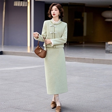 小香风羽绒服套装女冬装2024新款高端羊毛呢短外套开叉长裙两件套，女装套装/套裙，衣之秀