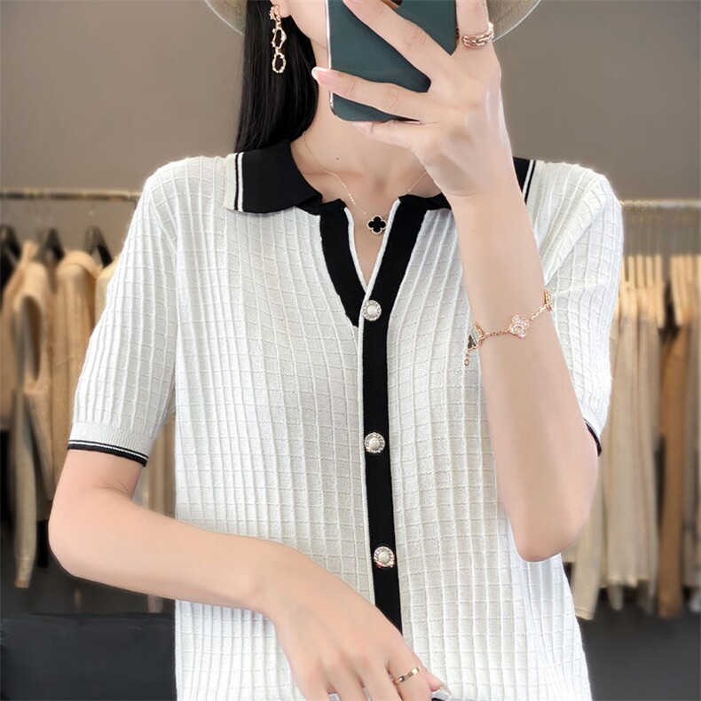 新款女装冰丝针织衫短袖翻领显瘦上衣时尚百搭夏季薄款开衫，女装针织衫/毛衣，萱芳婷羊绒