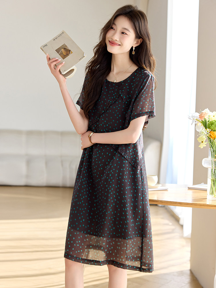 大码碎花雪纺连衣裙女2025夏季新款中年妈妈胖MM宽松显瘦中长裙子,女装连衣裙,文熹诺