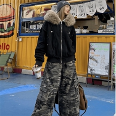 现货重磅boxy短款棉衣座山雕大毛毛领男女棉服水洗工装厚外套，男装棉衣，电商A486