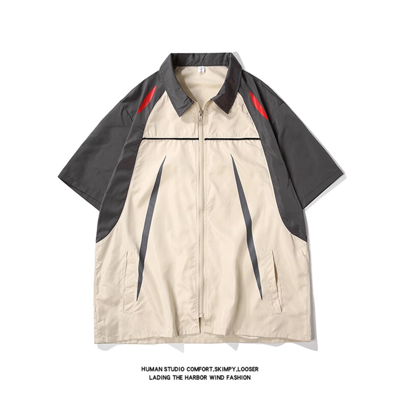 白底2025夏装短袖衬衫男宽松拼接撞色运动街头防晒上衣C502P50，男装防晒衣，电商C323