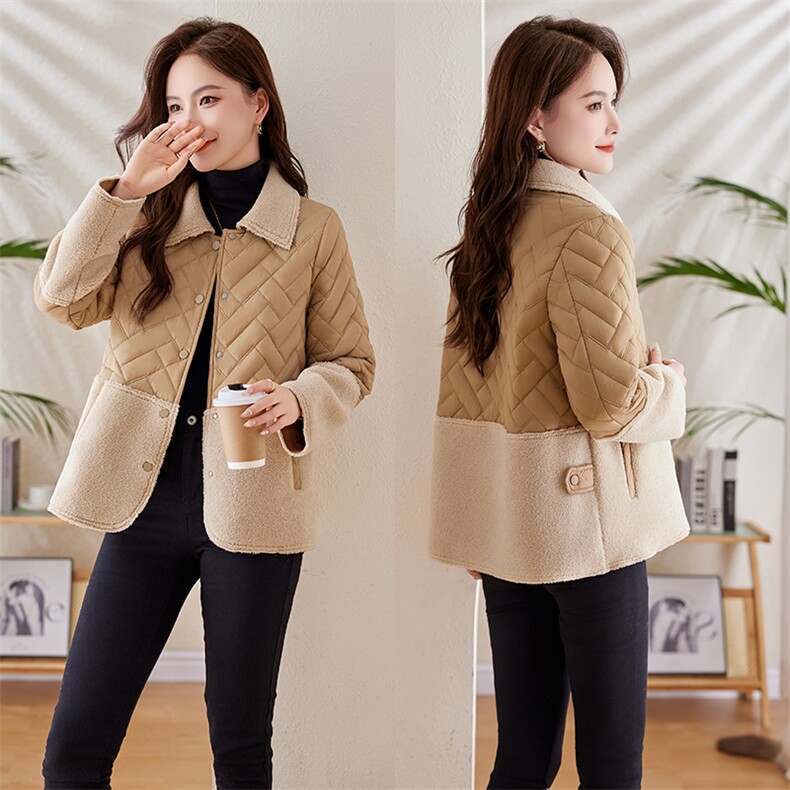 羊羔毛拼接轻薄羽绒棉服女2024冬新款时尚菱格夹棉保暖棉服小棉袄，女装棉衣/棉服，姿衣坊