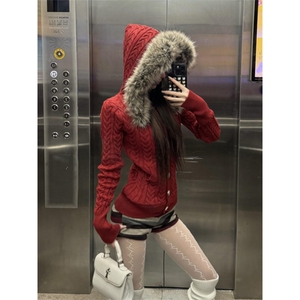 1506-1/G38080/P73法式时尚气质感复古毛领连帽红色麻花毛衣图片