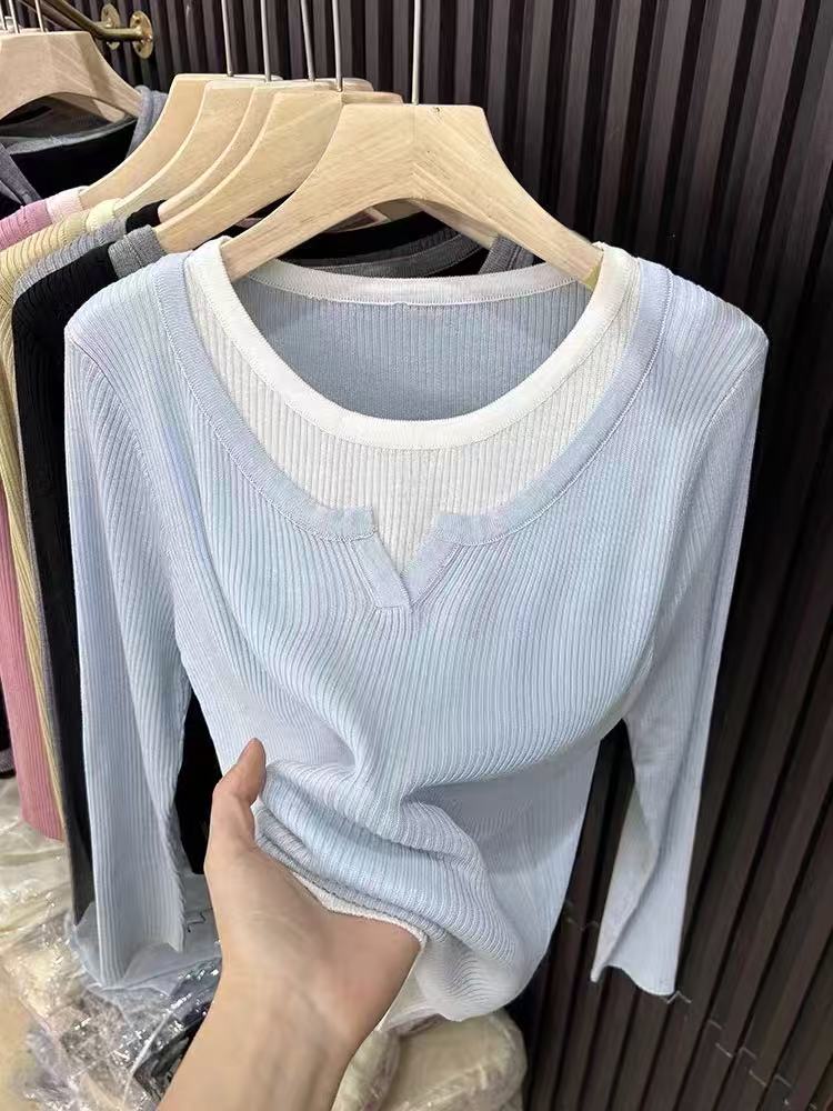 显瘦时尚百搭抽条圆领拼色假两件打底衫女款,女装蕾丝衫/雪纺衫,百纯羊绒