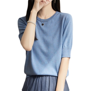 纯棉线针织五分袖T恤女2025新款短袖宽松蝙蝠袖t恤中袖上衣韩版潮图片