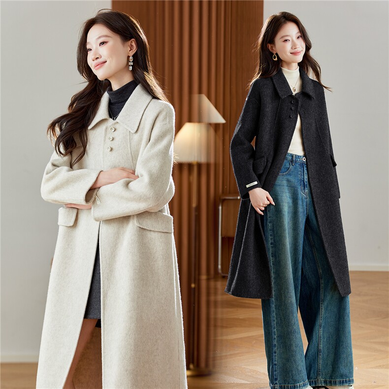 韩系小方领斜挎包长款70毛双面羊毛大衣，女装羊绒大衣，衣佳和
