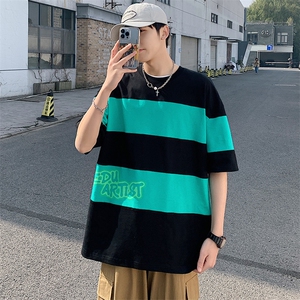 得物抖音 40支双纱高品质休闲半袖条纹印花短袖T恤男女 T7231-P45图片