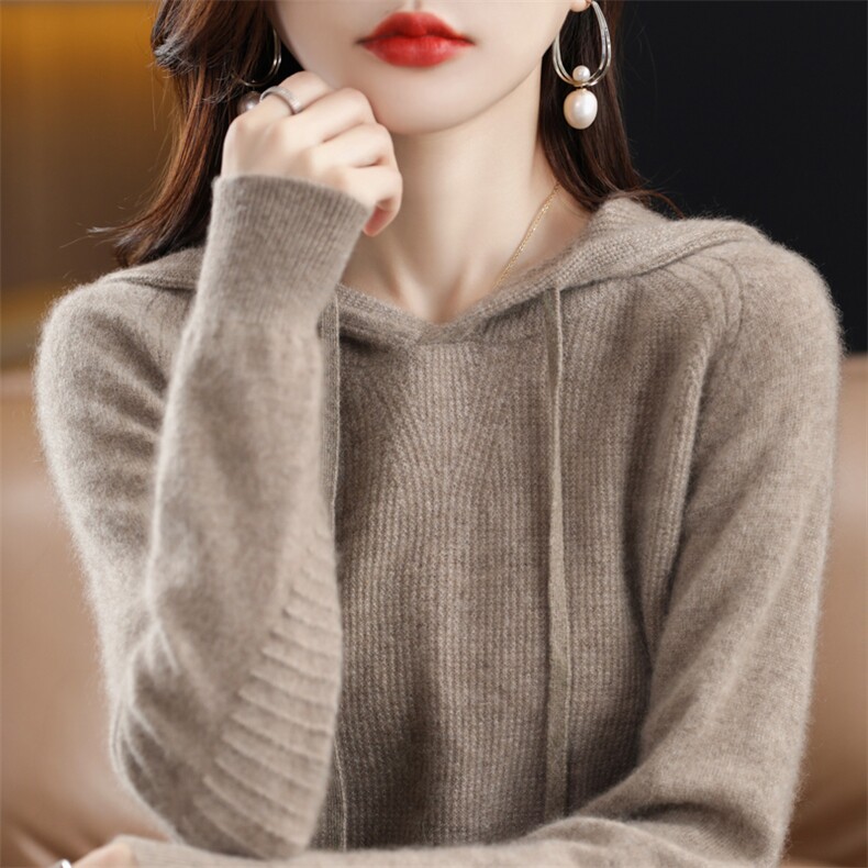 春秋新款连帽套头长袖羊毛卫衣女韩版宽松休闲短款纯色毛衣,针织衫/毛衣,恒旺羊绒