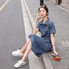 时尚显瘦牛仔连衣裙夏季新款气质淑女风百搭修身短袖裙装，女装连衣裙，秋水欣儿