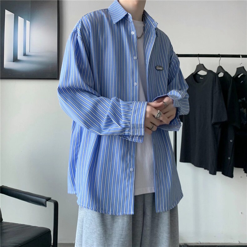 长袖衬衫男士夏秋季宽松港风条纹ins衬衣百搭防晒外套C200/P32,男装防晒衣,星座506