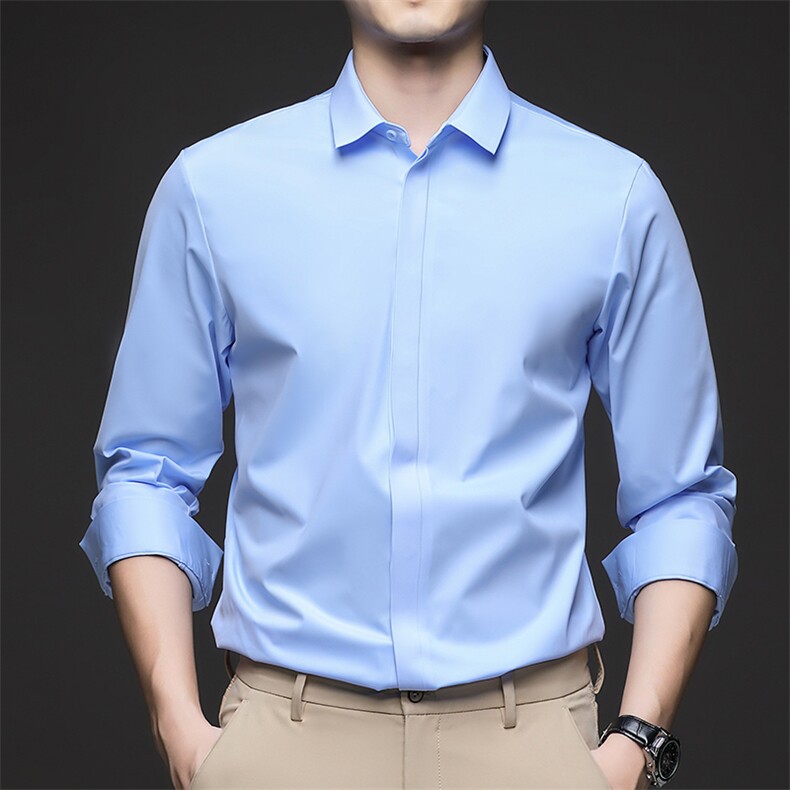 弹力无痕长袖衬衫男翻领宽松上衣2024春季新款男士商务休闲衬衣,男装衬衫,电商B212（原钱塘6029）