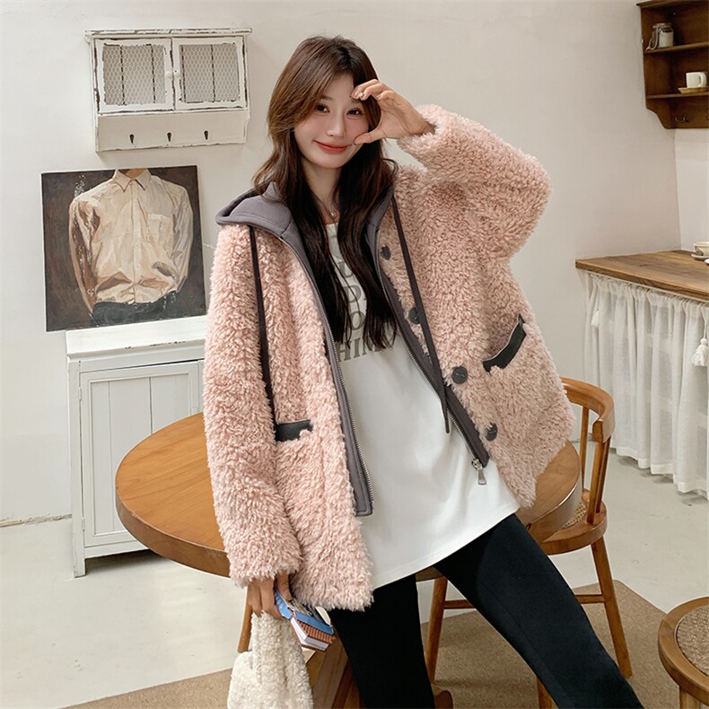 粉色假两件连帽设计感外套女秋冬2025新款奶fufu韩系皮毛一体棉服，女装羊羔毛/颗粒绒，浪娴服饰