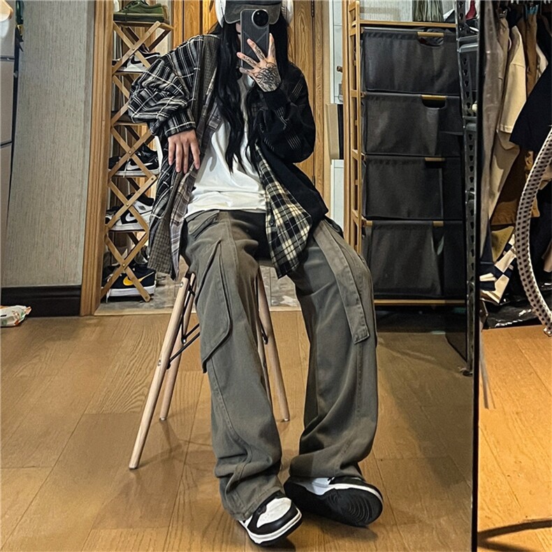 美式复古多口袋做旧工装裤女街头宽松显瘦直筒长裤潮K0202-P45,男装休闲裤,星座308B-1