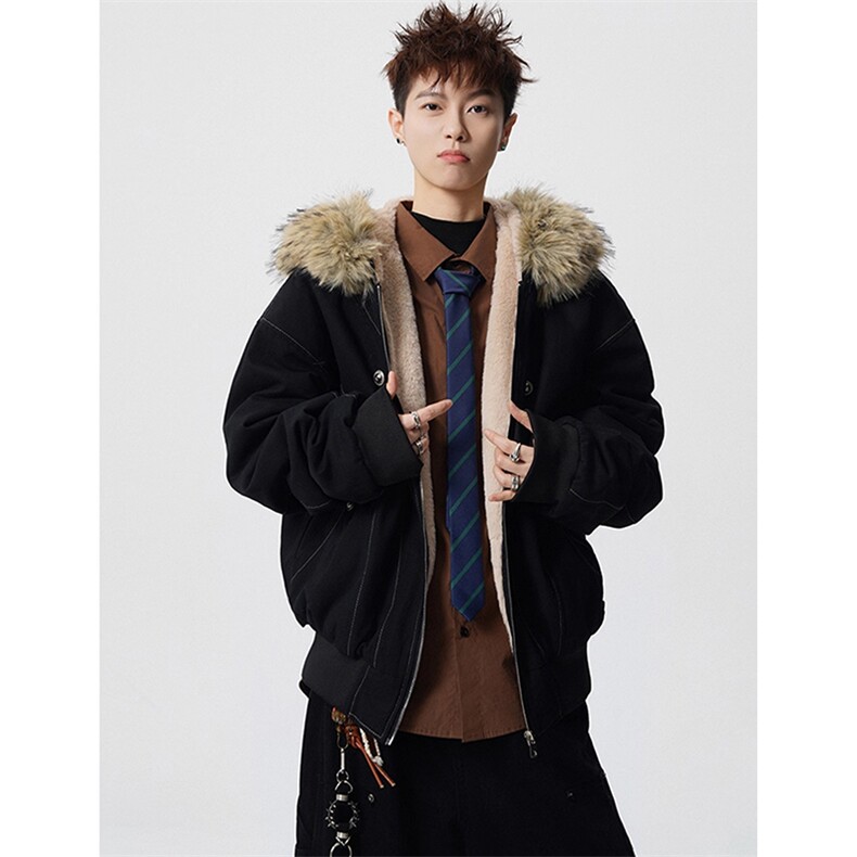 现货重磅boxy短款棉衣座山雕大毛毛领男女棉服水洗工装厚外套，男装棉衣，电商A486-1