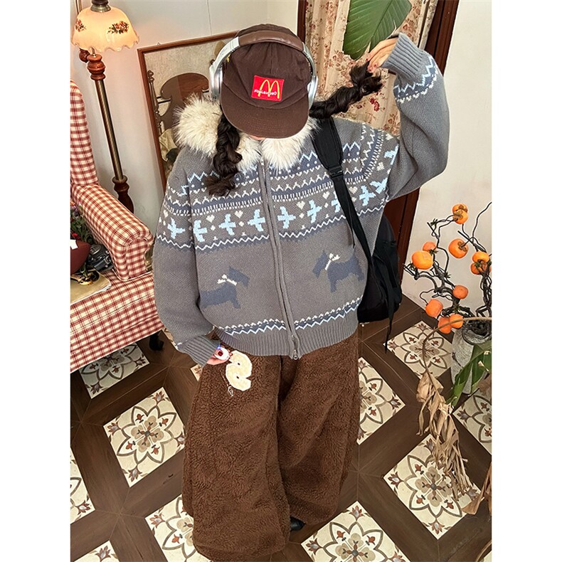 重磅北极绒座山雕毛衣外套冬美式复古休闲慵懒风大毛毛领针织开衫,男装针织衫/毛衣,电商A443