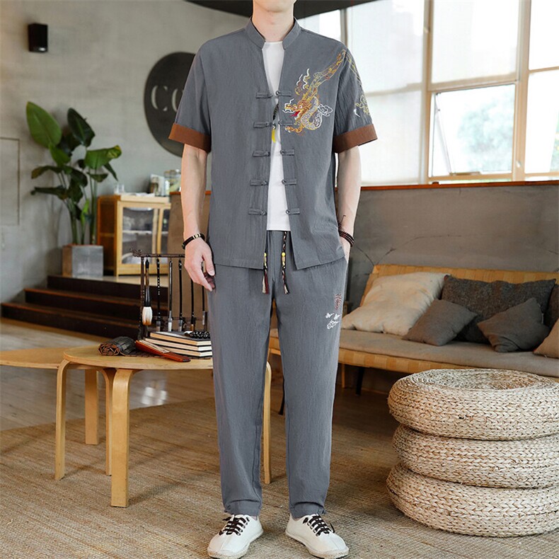 2025新款风男装夏季短袖开衫唐装男汉服套装一套-7716-P60,男装休闲套装,星座1105