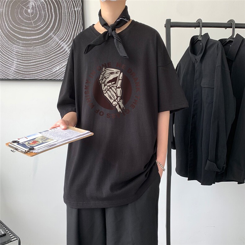 夏季新款港风潮流印花宽松圆领短袖T恤男T41P25控38,男装T恤,电商A268A