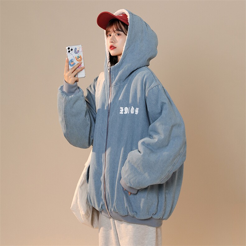 高品质休闲牛仔情侣连帽羊羔毛棉衣潮A161-2-MY518-P145控165,男装棉衣,电商A161-2