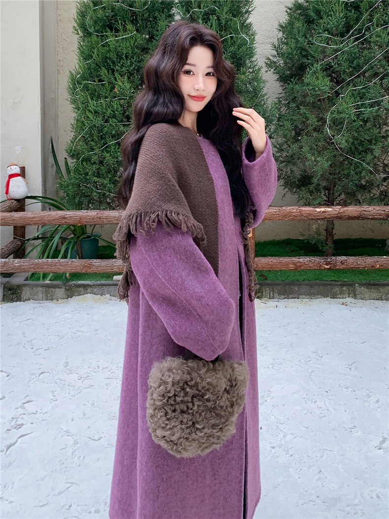 现货2025秋冬新款双面羊毛大衣女中长款韩系宽松带围巾羊毛呢外套,女装双面呢大衣,琦鑫阁（原依鑫阁）
