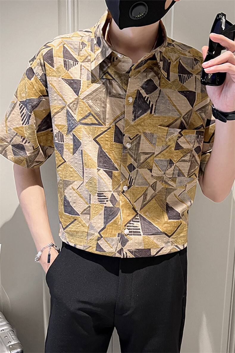 23纯棉印花短袖衬衫宽松男装社会小伙潮流半袖衬衣TZ92P50控78,男装T恤,电商B413
