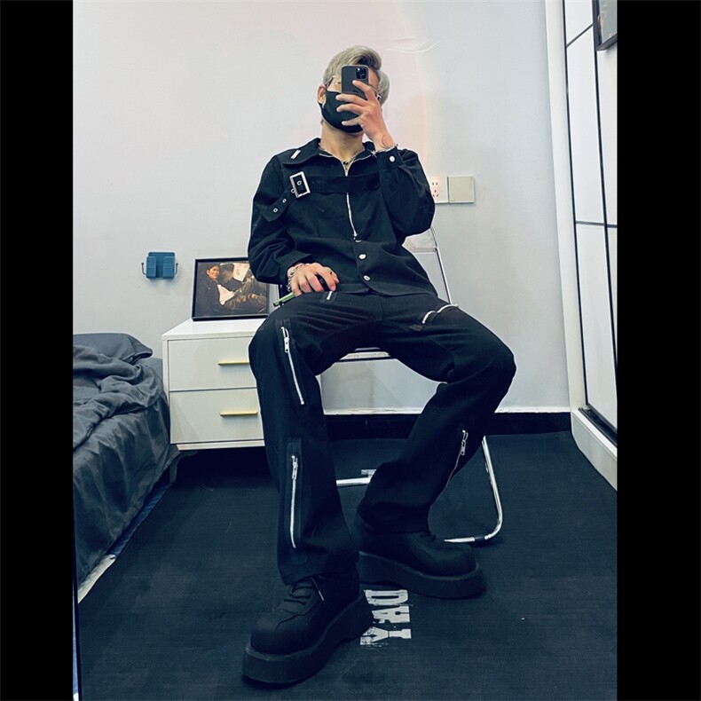春夏ins网红克莱因蓝衬衫男长袖个性绑带拉链设计感韩版CS416-P48图片