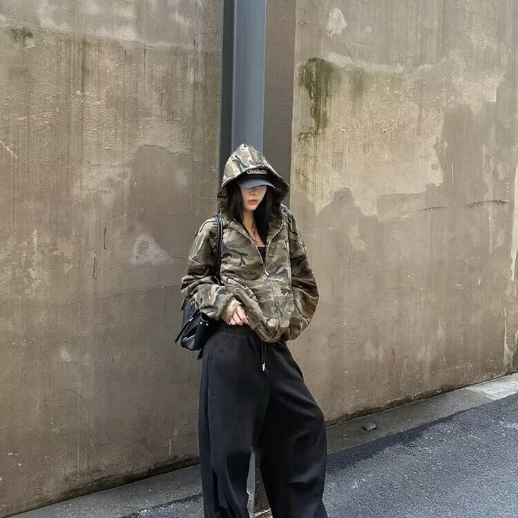 迷彩连帽短款卫衣女2025秋冬加绒宽松甜酷风外套潮JKS451,女装短外套,星座516A