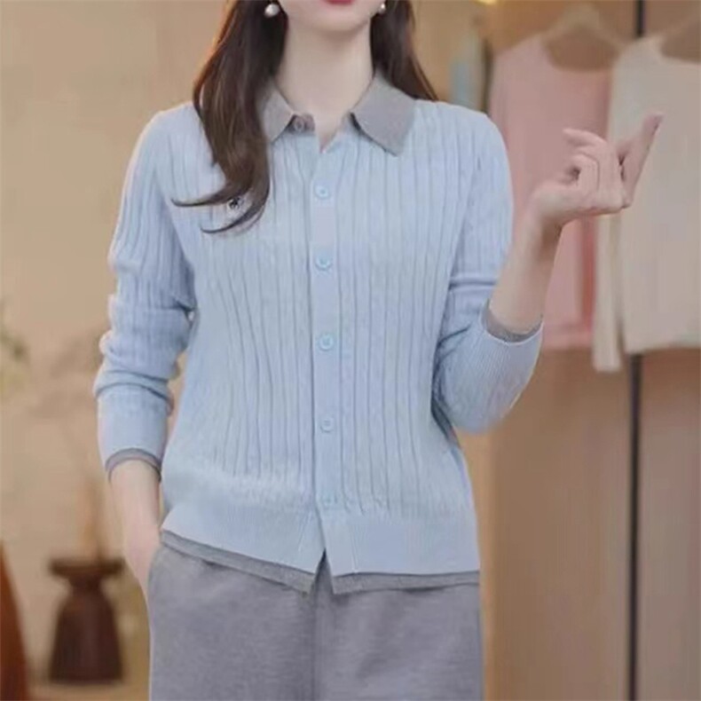 时尚百搭纯毛翻领扭花双层领开衫 优雅显瘦长袖针织衫图片