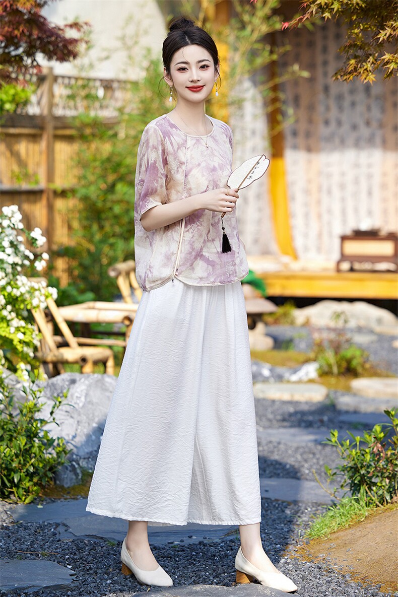 亚麻休闲裤套装女复古两件套高端苎麻印花上衣新款夏装棉麻短袖,女装套装/套裙,衣之秀