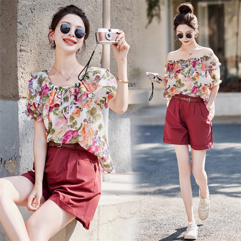 碎花雪纺上衣短裤两件套女2025夏新款小个子时尚气质显瘦休闲套装，女装套装/套裙，意芙