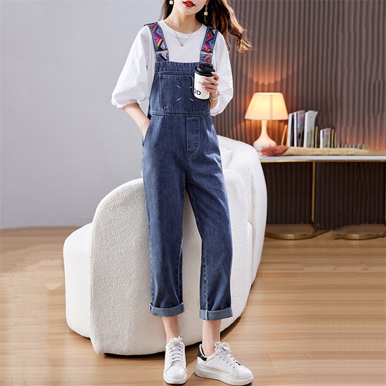 少女感高级甜美俏皮休闲牛仔背带裤女裤子2023年新款春夏,女装连体裤,江南女神