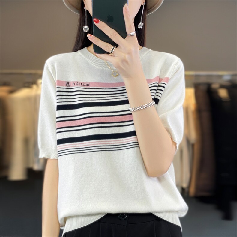 女士夏季时尚气质百搭轻薄凉爽的天丝条纹短袖,女装T恤,大美人包芯纱店
