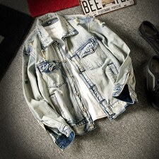 jk025-p85M-5XL白墙ins牛仔夹克拉链破洞大码男日系CITYBOY，男装夹克，星座103A