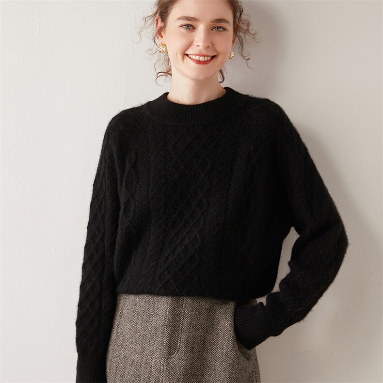 高定复古三股加厚baby小山羊绒衫女圆领针织衫麻花宽松慵懒风毛衣，女装羊绒衫，绒创羊绒