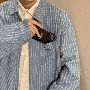 1港风金属装饰镂空牛仔衬衫男七分袖大码潮长袖CCS8078P50控75图片