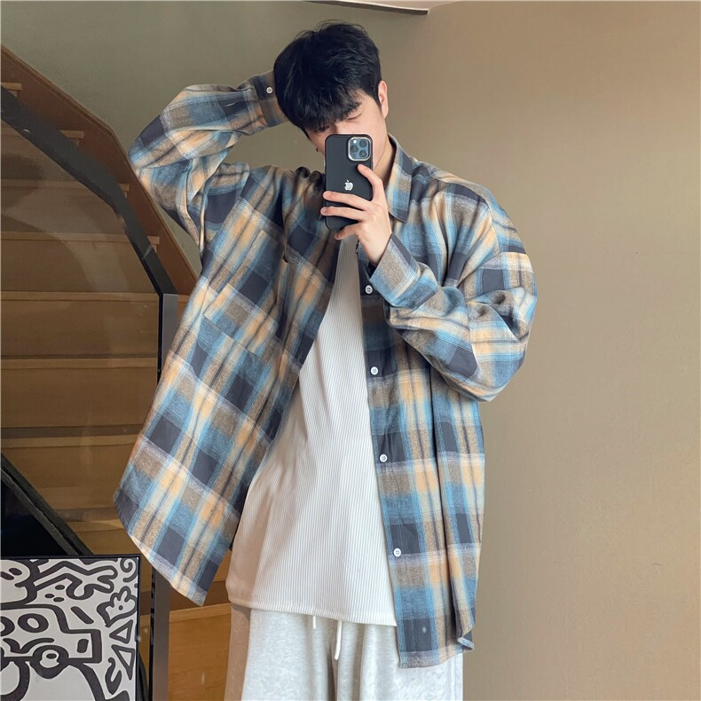 A450-CS999-P65控98早秋薄款潮流长袖格子衬衫百搭款宽松，男装衬衫，电商A450