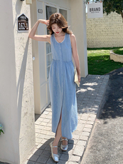 蓝色时尚设计感花边背心连衣裙女2025夏季新款浪漫度假风过膝长裙，女装连衣裙，浙宝276（原081）