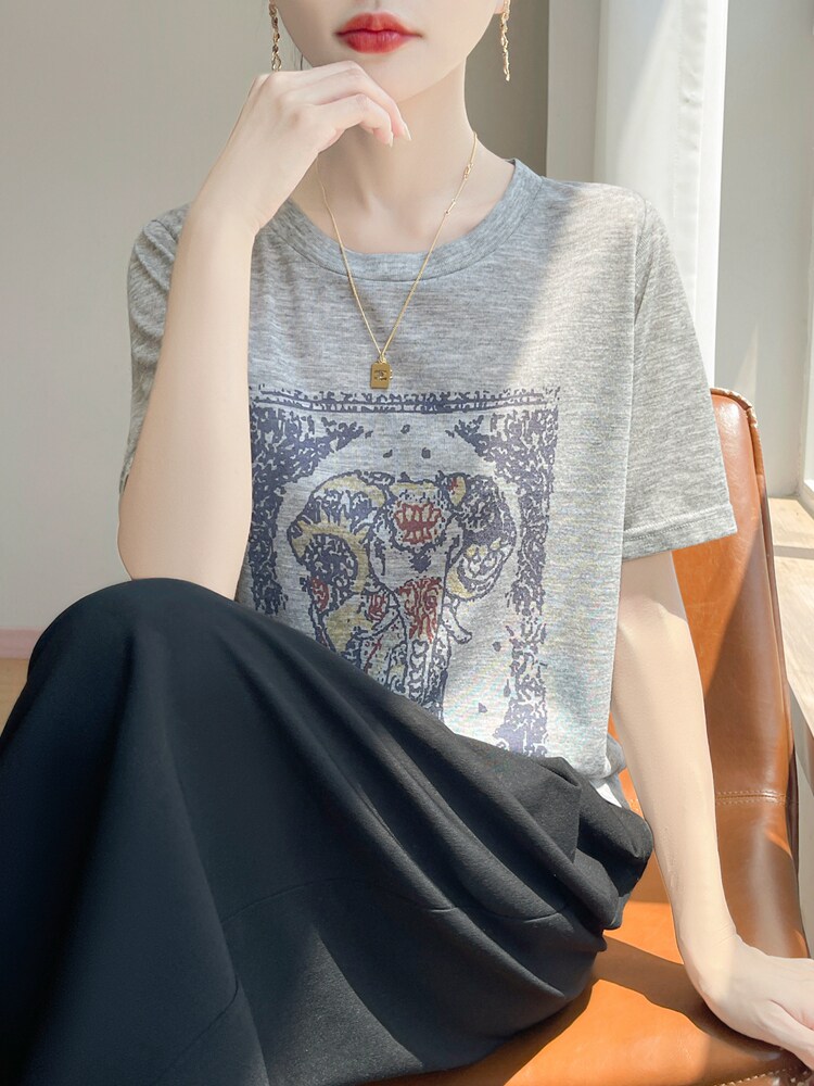 圆领夏季新款短袖宽松百搭T恤背心上衣小众别致气质上衣,女装T恤,绒宛羊绒