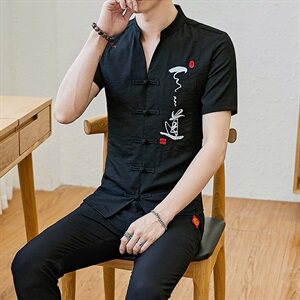风九分裤T恤套装刺绣短袖男亚麻T恤衫加肥加大棉麻服DS66图片