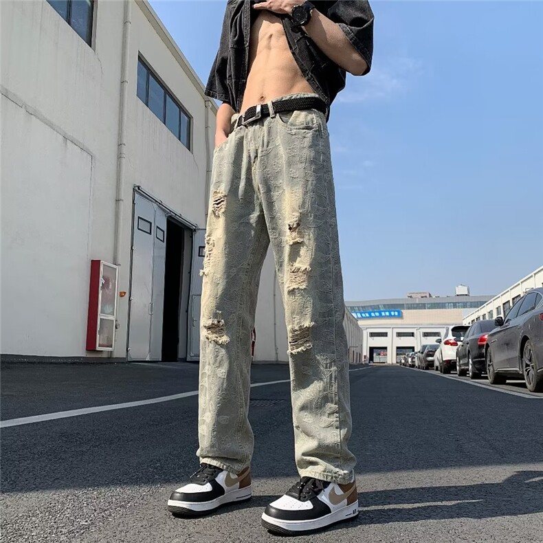 美式高街水洗做旧破洞牛仔裤男ins潮牌欧美宽松直筒长裤N0838-P48,男装牛仔裤,星座308B-1