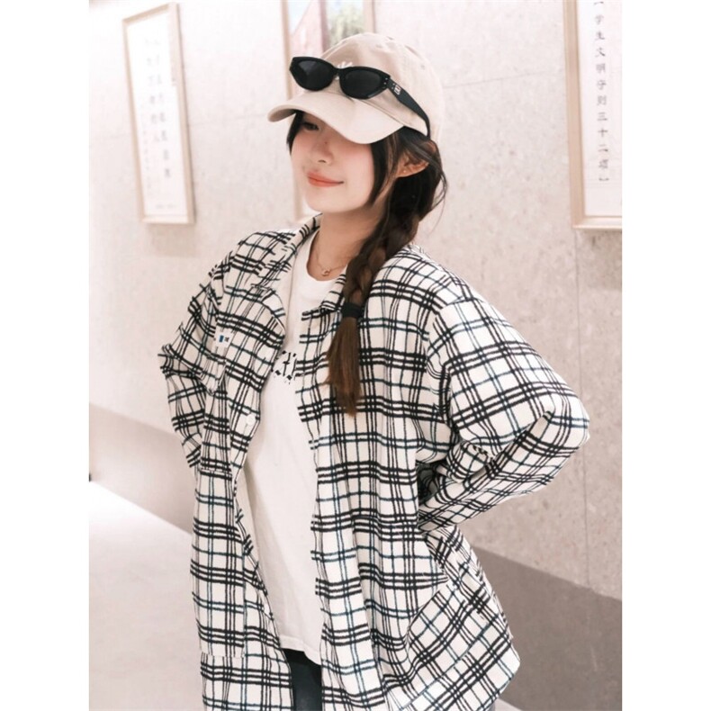 TC556-P45美式复古格子衬衫宽松百搭休闲开衫长袖翻领衬衣潮,女装衬衫,星座617A-2