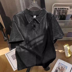 得物抖音高品质二开240克重磅纯棉美式复古水洗短袖T恤翻领POLO衫图片