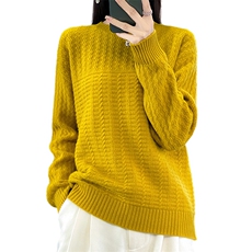 时尚百搭女士羊毛衫圆领绞花纯色舒适宽松毛衣，女装羊毛衫，莺澜羊绒