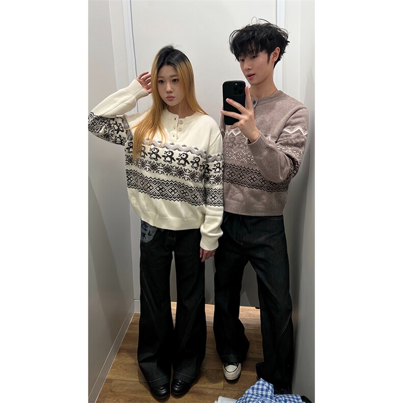 重磅秋冬装北极绒套头毛衣美式复古休闲慵懒风提花工艺针织衫外套,男装针织衫/毛衣,电商A486-1