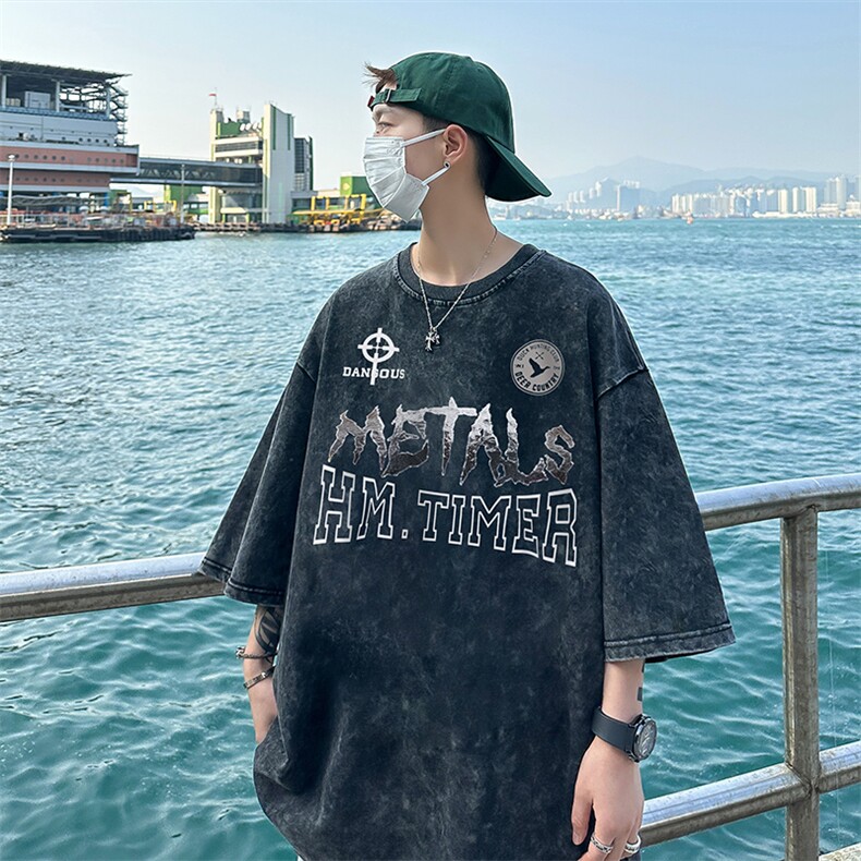 B239-1182-P38创意字母印花美式复古水洗做旧落肩袖短袖T恤,男装T恤,星座514-2(原B239)