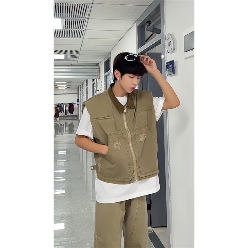 【网图有货】卡其色破洞牛仔工装马甲美式复古坎肩MJ01LL-特P62,男装工装外套,星座1007（原301D）