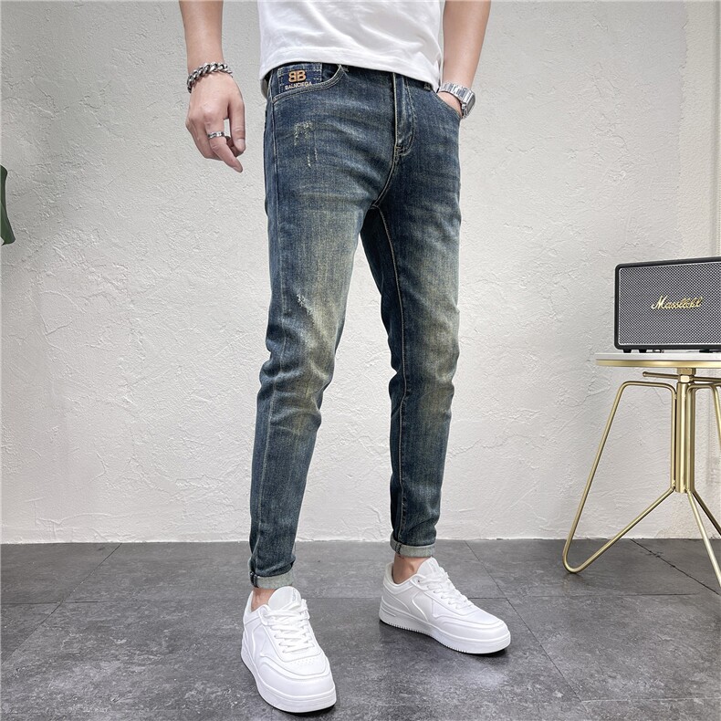 秋季蓝色修身牛仔裤男复古黄泥色百搭小脚裤长裤D311W6519P88，男装牛仔裤，电商D311