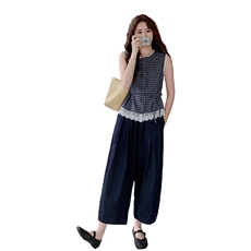 夏季牛仔阔腿裤无袖衫时尚两件套女，女装套装/套裙，浙宝069