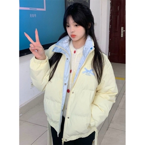 学院风甜美奶杏色蝴蝶结外套女冬季立领保暖面包服 M7802图片